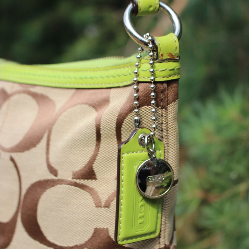 Coach Signature Canvas Shoulder Bag with Lime Green Trim - Picture 3 of 6